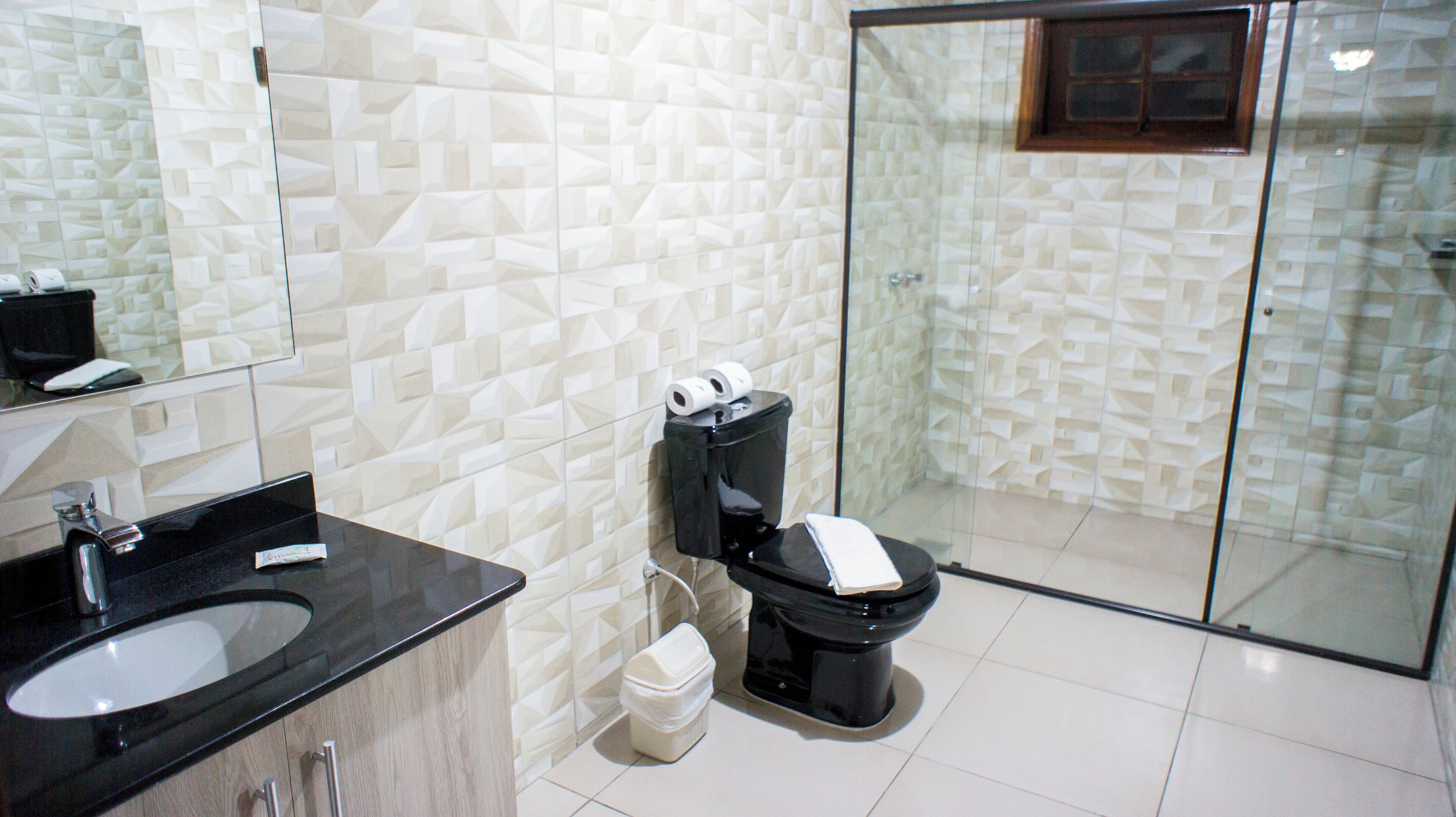 A modern bathroom with a black sink, a toilet, and a glass shower enclosure.