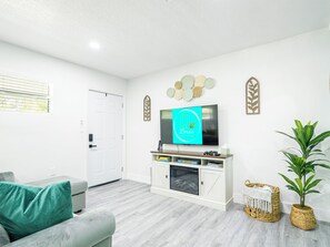 Smart TV, fireplace, video games, books