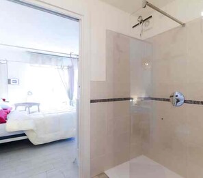 Shower, hair dryer, bidet, towels