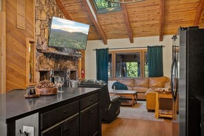 TV, fireplace, video games, foosball