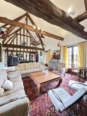 Televisión, chimenea, mesa de ping pong