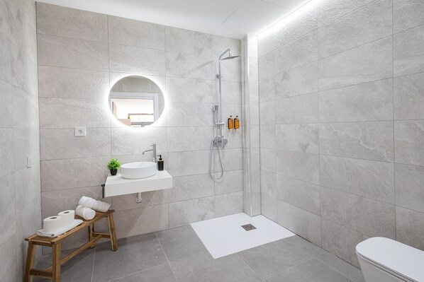 Shower, hair dryer, towels
