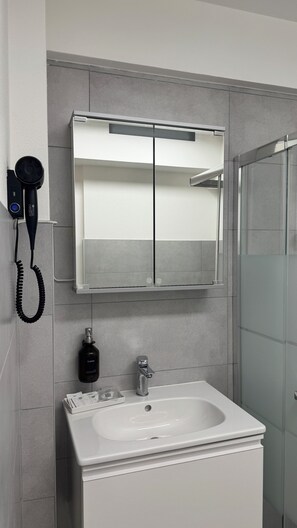 Shower, hair dryer, bidet, towels