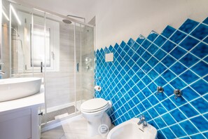 Shower, hair dryer, bidet, towels