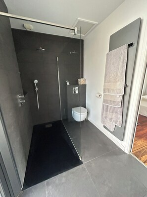 Shower, hair dryer, towels, soap