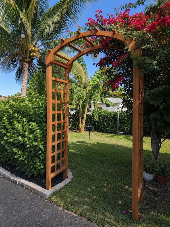 A wooden pergola structure in a garden with lush greenery and a palm tree.