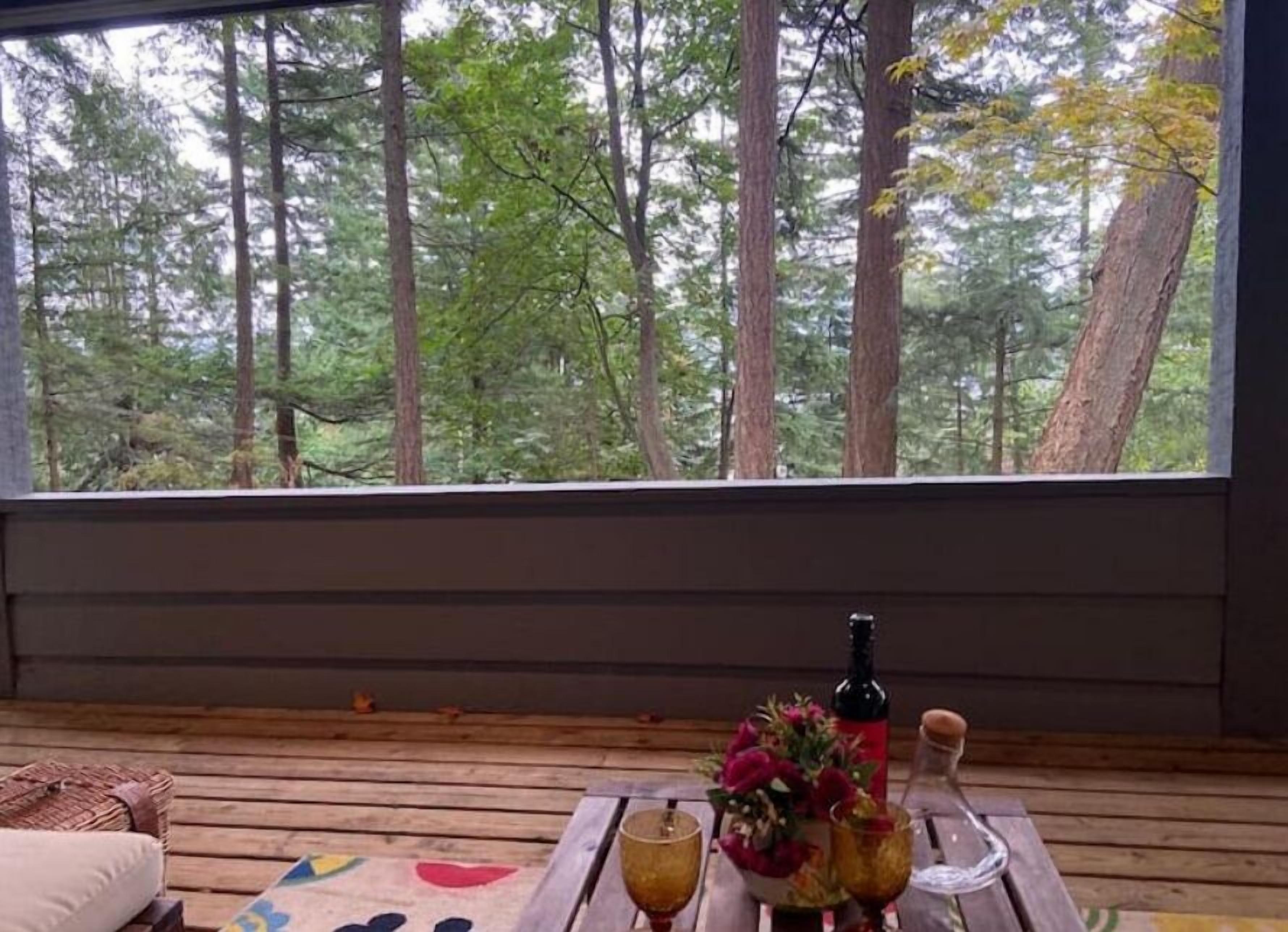A wooden deck with a table set for dining, a sofa, and a view of a forest through a large window.