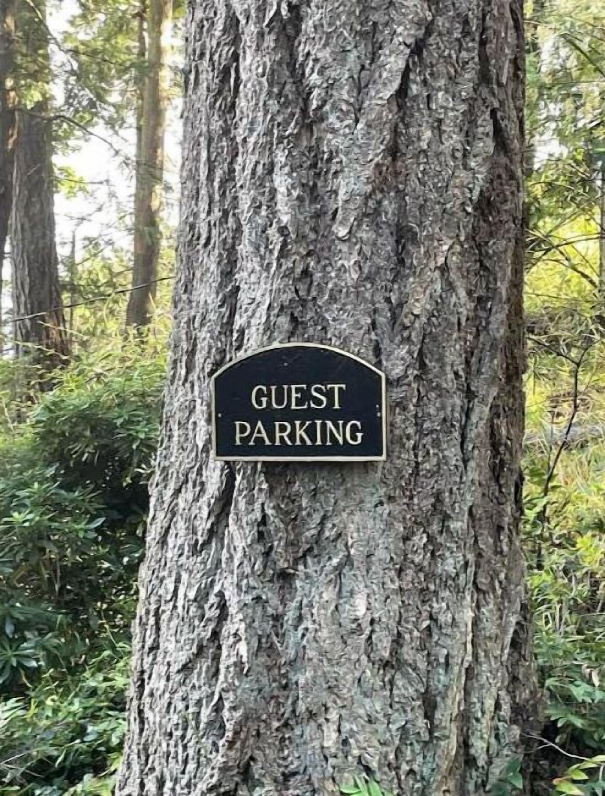 Un letrero en el tronco de un árbol que dice 'GUEST PARKING'.