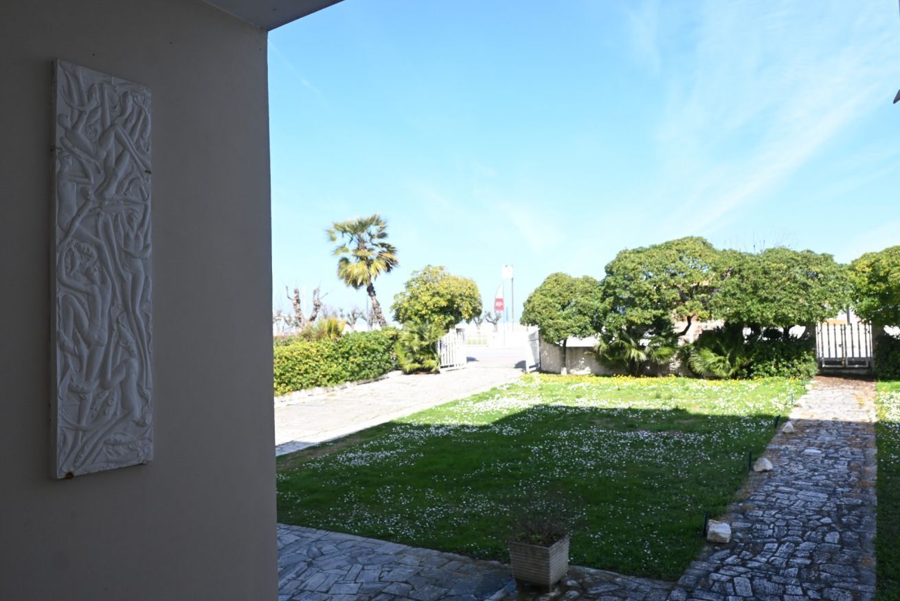 A courtyard with a stone pathway, a palm tree, and a white wall with a relief sculpture.