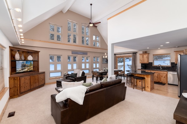 Smart TV, fireplace, books, computer monitors