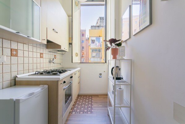 Fridge, oven, stovetop, coffee/tea maker