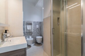 Shower, hair dryer, bidet, towels