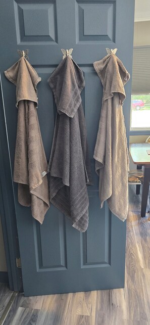 A door with three towels hanging on hooks.