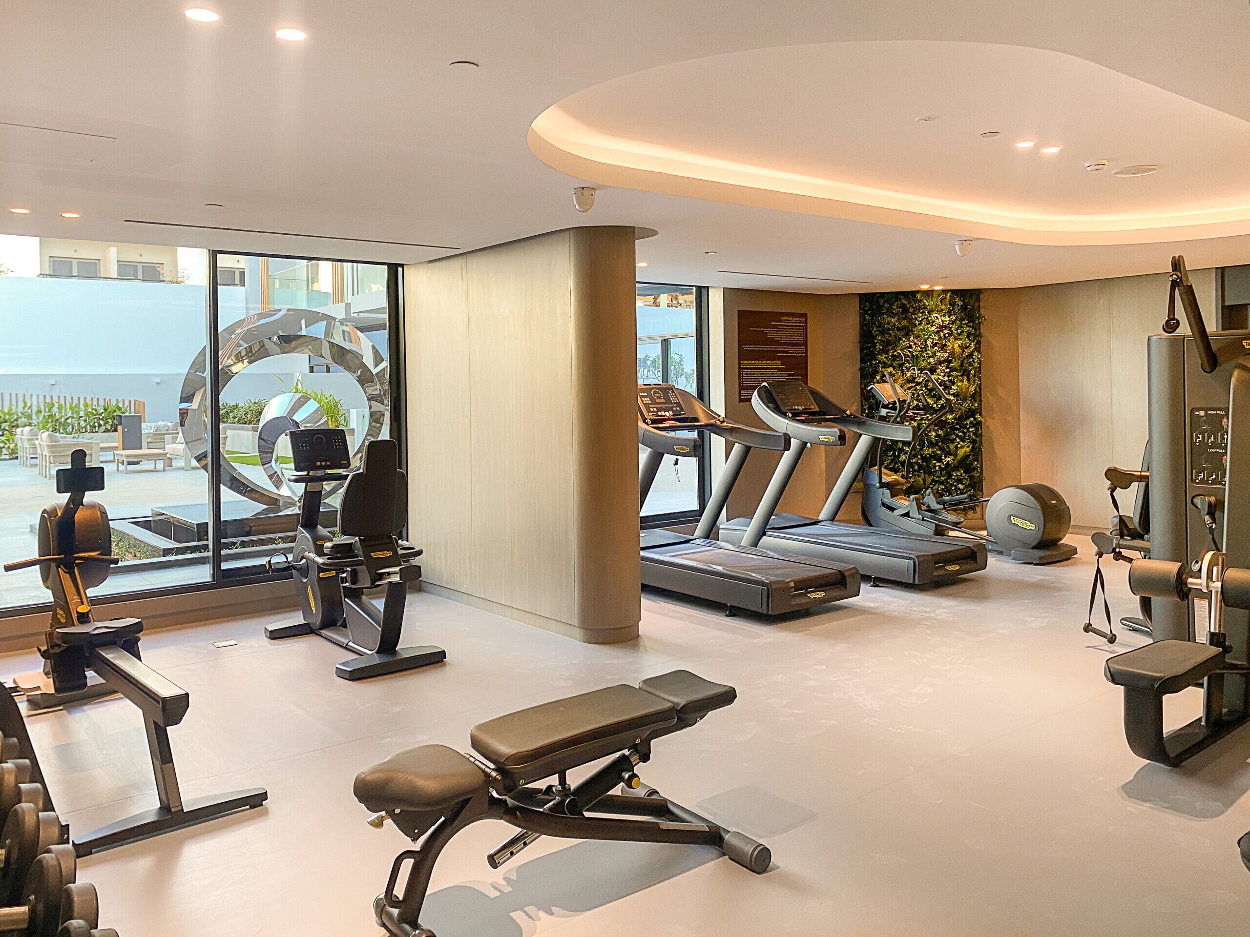 A modern gym with treadmills, weight machines, and a bench.