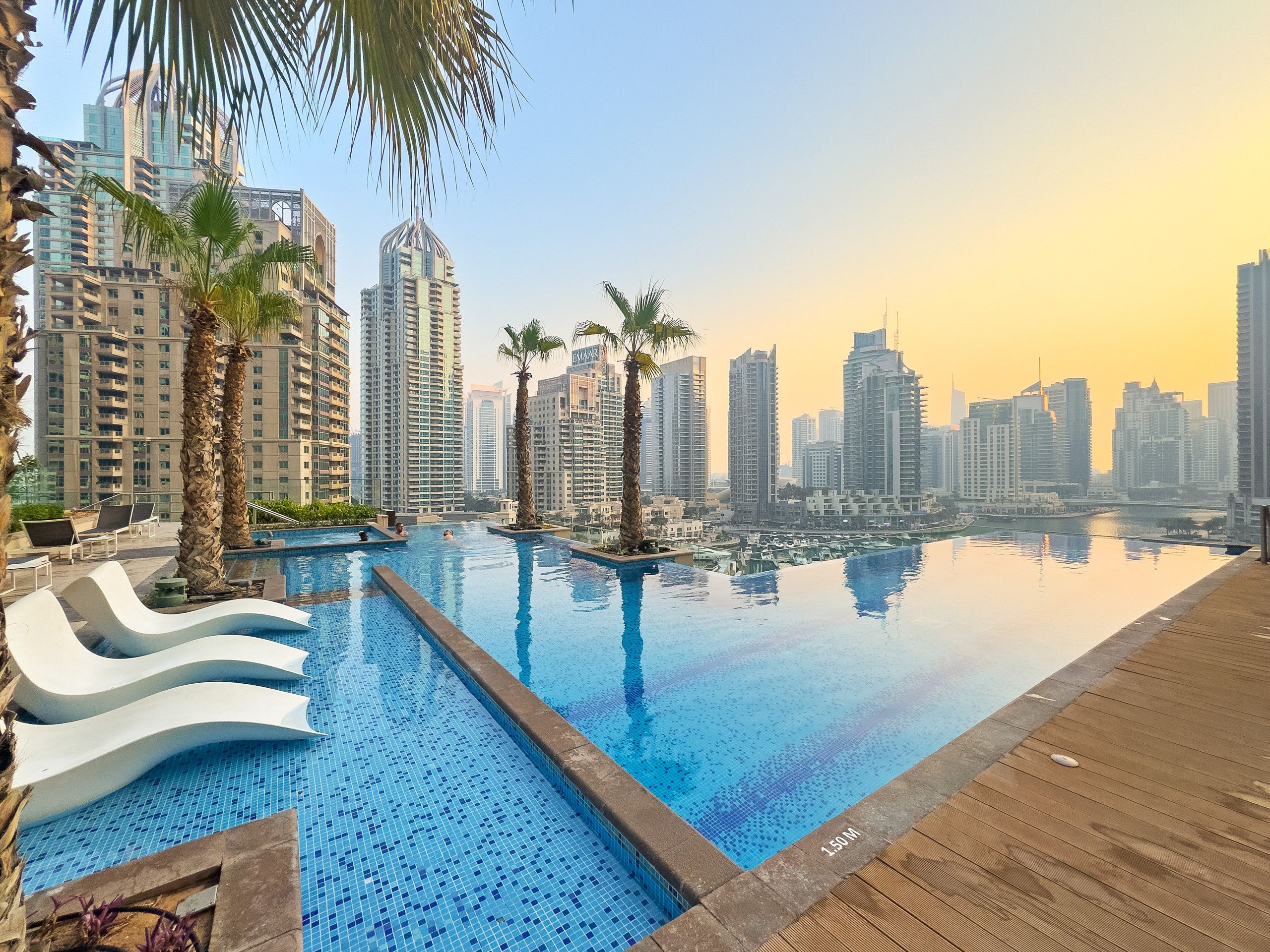Una piscina con vista a la ciudad, rodeada de palmeras y edificios modernos.