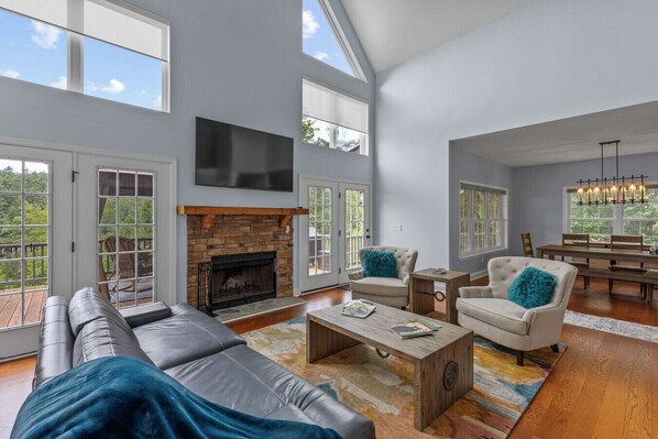 Smart TV, fireplace, table football, books