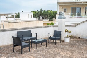Une terrasse sur le toit, aménagée avec du mobilier d’extérieur, un cactus en pot et offrant une vue sur les bâtiments environnants.