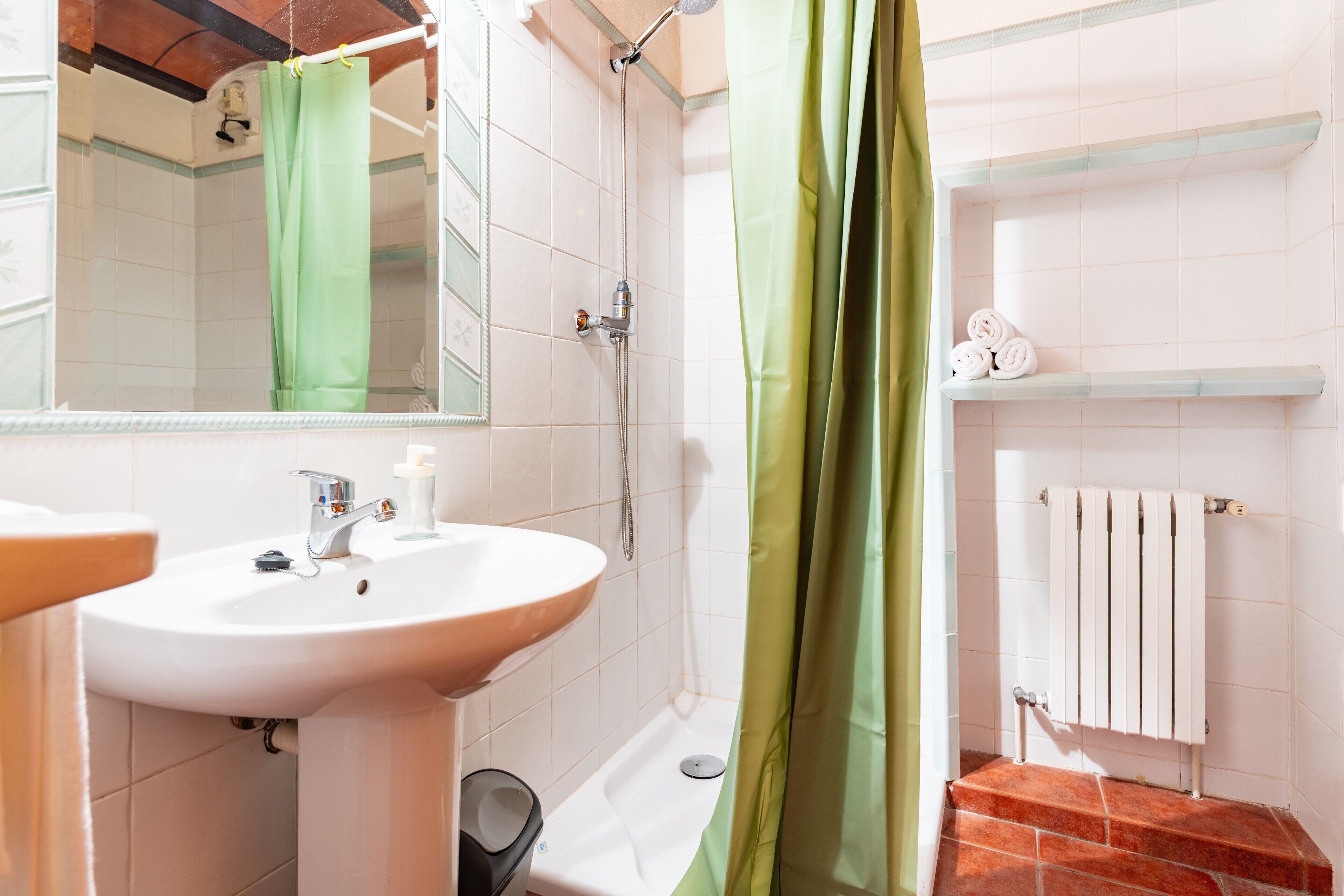 Bagno con lavandino, specchio, doccia e porta asciugamani.