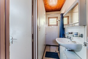 Chuveiro, secador de cabelo, toalhas de banho 