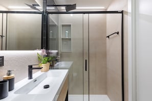 Shower, hair dryer, towels