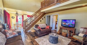 Smart TV, fireplace, foosball
