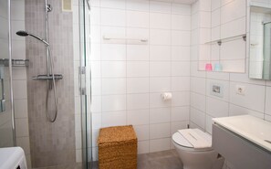 A modern bathroom with a glass-enclosed shower, a toilet, and a vanity with a mirror.