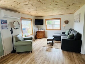 Una sala de estar con techo de madera, un sofá, un sillón, una mesita de centro, un televisor y una ventana.
