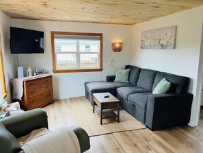Un salon avec un canapé, un téléviseur, une commode en bois et une fenêtre.