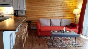 A compact living space with a kitchenette, a red sofa, a coffee machine, and a patterned rug.