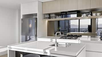 Full-sized fridge, microwave, oven, dishwasher