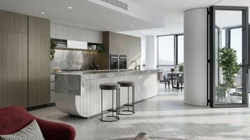 Full-sized fridge, microwave, oven, dishwasher