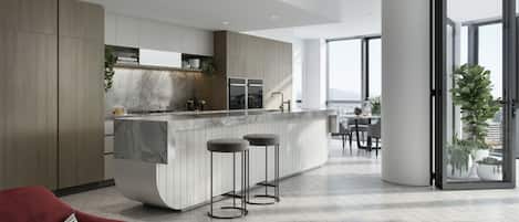 Full-size fridge, microwave, oven, dishwasher