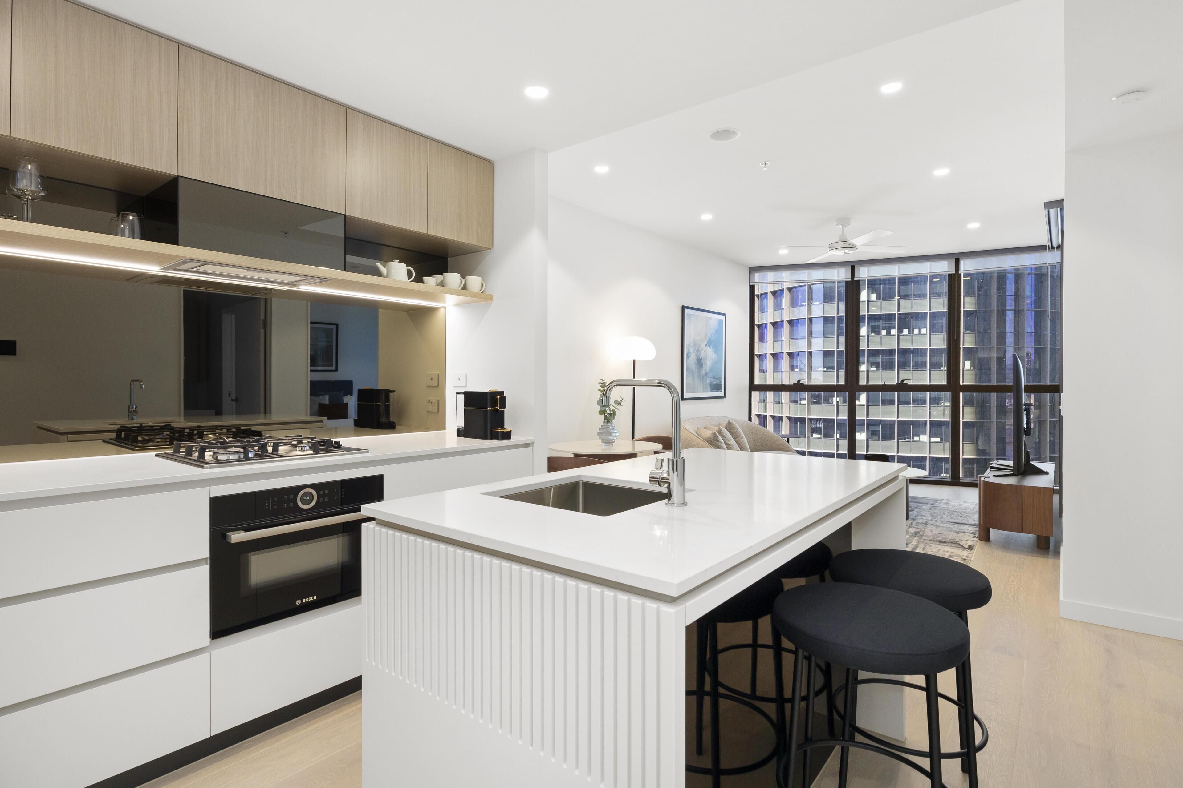 Full-sized fridge, microwave, oven, dishwasher