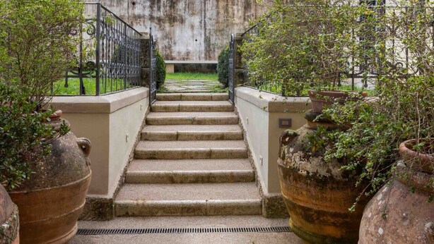 A set of stone steps leading up to a building with a wrought iron fence.