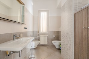 Shower, hair dryer, bidet, towels