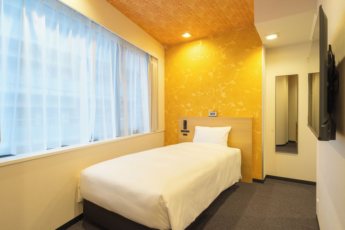 A hotel room with a bed, a window with sheer curtains, a wall-mounted TV, and a mirror.
