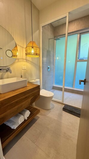 Shower, hair dryer, towels, soap