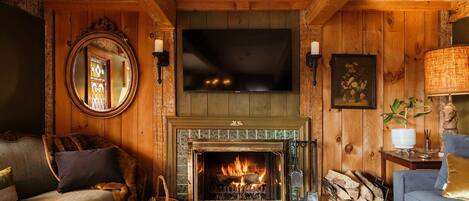 Smart TV, caminetto, libri, biblioteca musicale