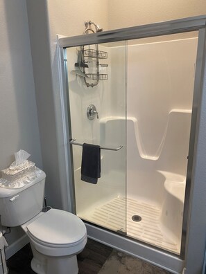 Hair dryer, towels, soap, toilet paper