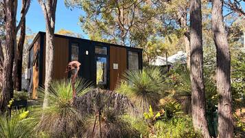 A modern wooden cabin surrounded by trees and native vegetation.