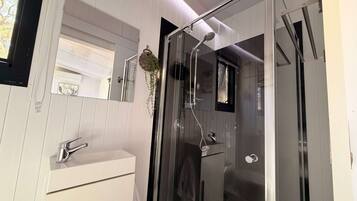 A modern bathroom with a glass shower enclosure, a white sink, and a mirror.