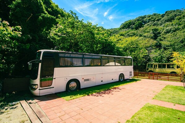 Ein weißer Bus auf einem befestigten Platz, im Hintergrund eine Holzumzäunung und üppiges Grün.