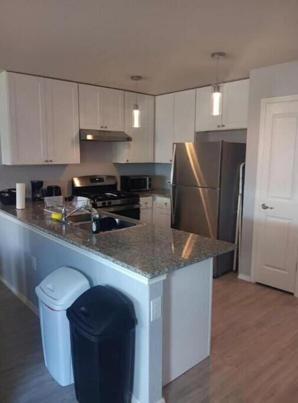 Fully equipped kitchen with a refrigerator, microwave, and stove.