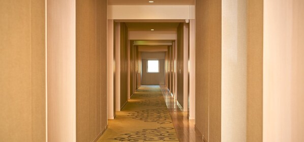 Un long couloir étroit, doté d’un tapis à motifs et de murs aux couleurs claires.