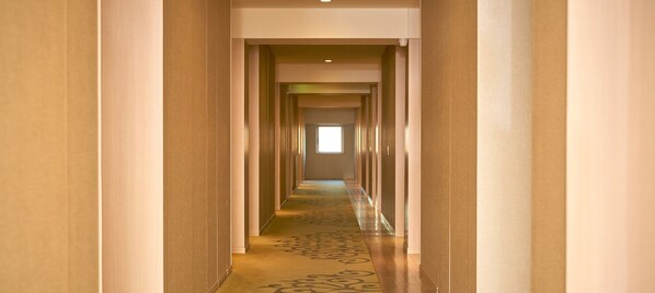 Un long couloir étroit, doté d’un tapis à motifs et de murs aux couleurs claires.