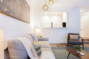 Smart TV, fireplace, books, video library