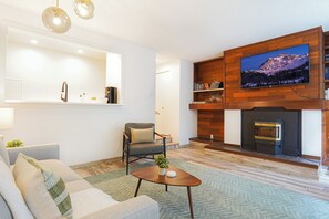 Smart TV, fireplace, books, video library