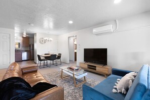 Smart TV, fireplace, books