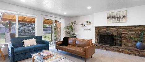 Smart TV, fireplace, books