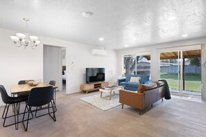 Smart TV, fireplace, books